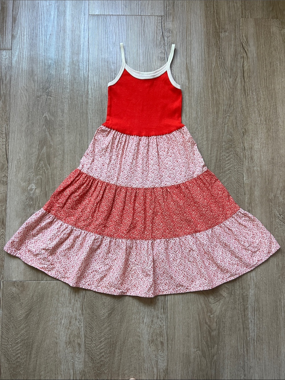 Vintage Albert Girls' Red & White Floral Tiered Spaghetti-Strap Dress Size 8